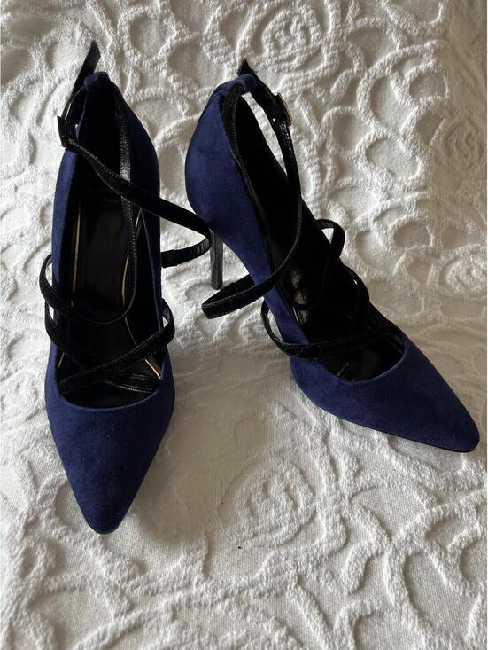 Lanvin Shoes - Lanvin Paris Navy Blue Suede & Black Leather Strappy Pumps - Size 38, Italy